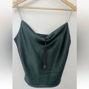NEW! NWT HOUSE OF HARLOW Satin Cami Top Rhinestone Straps Evergreen Size XS